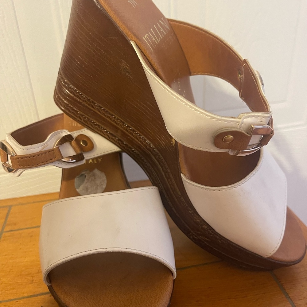 Woman Italian made White Leather Wedge Sandals with Buckle Strap 7